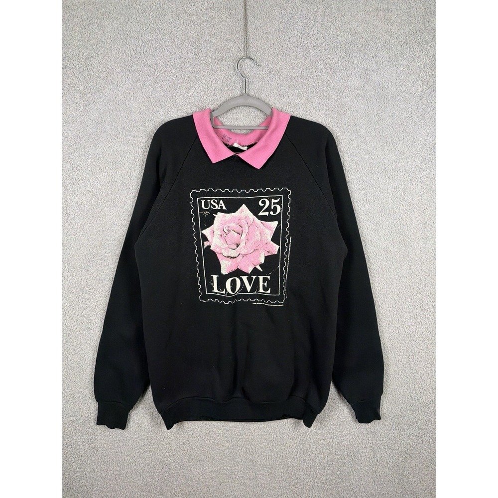 Vintage 90s USA Love Rose Stamp Graphic Sweatshirt XL Black Pink Collar